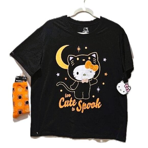 New HELLO KITTY BLACK HALLOWEEN TEE & SOCKS "Too Cute to Spook" HALLOWEEN  XL - Picture 1 of 4
